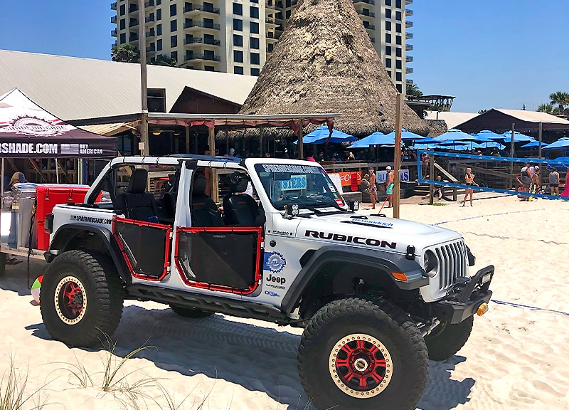 Jeep on the beach behind Sharky's during Florida Jeep Jam
