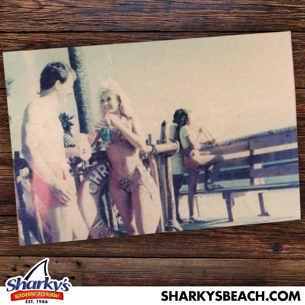 People hanging out on the patio at Sharky's in the '80s