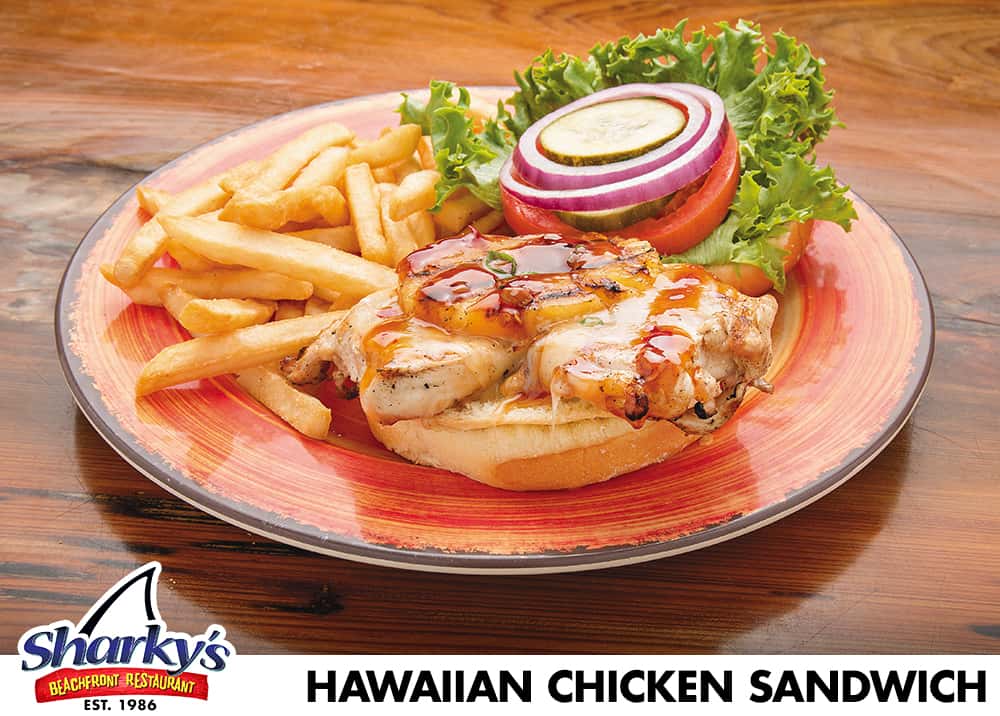 Hawaiian Chicken Sandwich is made with grilled chicken breast with a Teriyaki glaze, Monterey Jack cheese & grilled pineapple. Served with lettuce, tomato, red onion slices & pickles