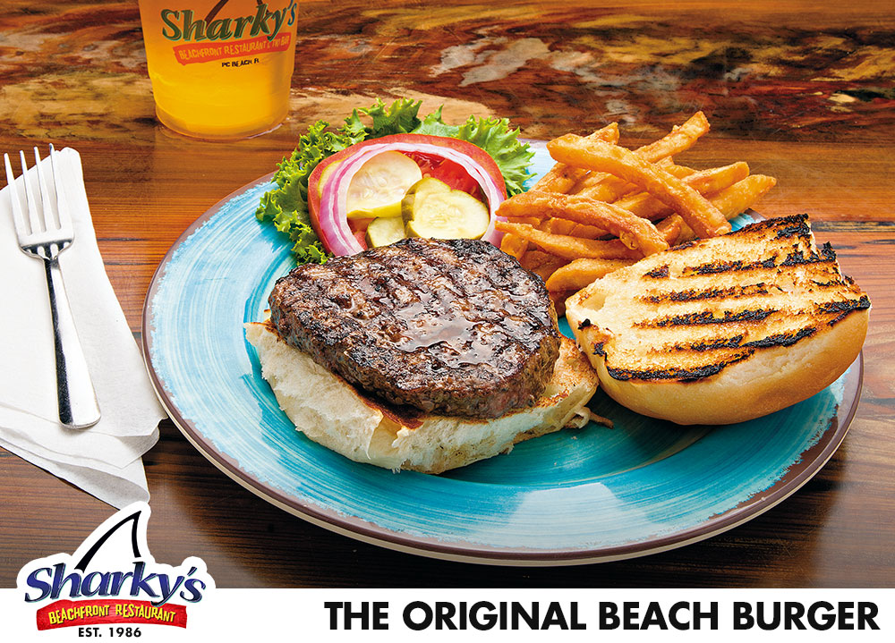 The Original Beach Burger is made with a huge ½ lb. beef burger cooked medium well on our char-grill. Served with lettuce, tomato, red onion slices & pickles