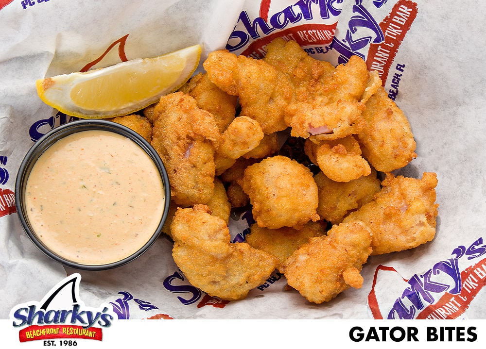 Gator Bites made with locally caught Alligator that is breaded and fired golden brown. Served with Spicy Remoulade