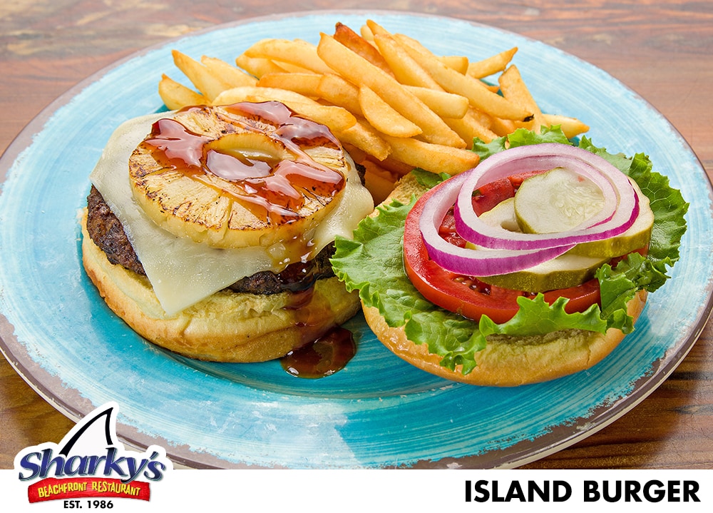 Island Burger is topped with Monterey Jack cheese, grilled pineapple, and our sweet Teriyaki glaze. Served with lettuce, tomato, red onion slices & pickles