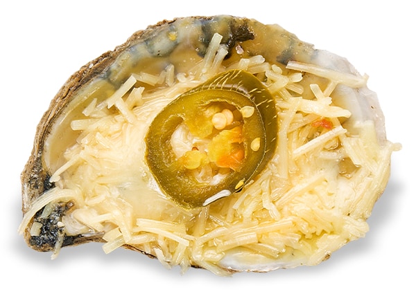Jalapeño Baked Oysters with Jalapeños, garlic butter & Parmesan cheese.