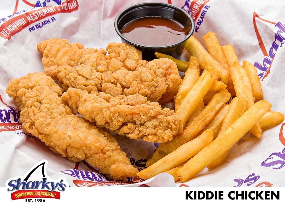 Kids fried chicken strips served with fries and dipping sauce