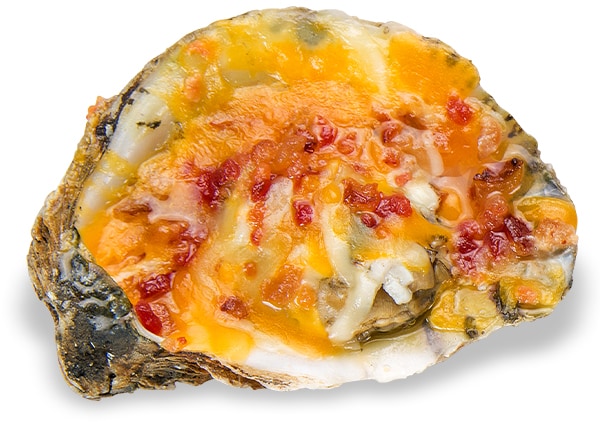 Monterey Baked Oysters with shredded Cheddar Jack cheese & bacon bits