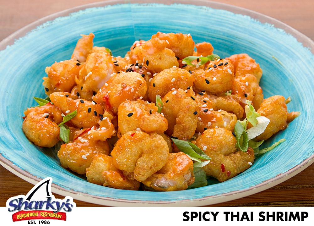 Spicy Thai Shrimp made with Popcorn shrimp fried crispy brown and tossed in Sweet Thai Chili sauce